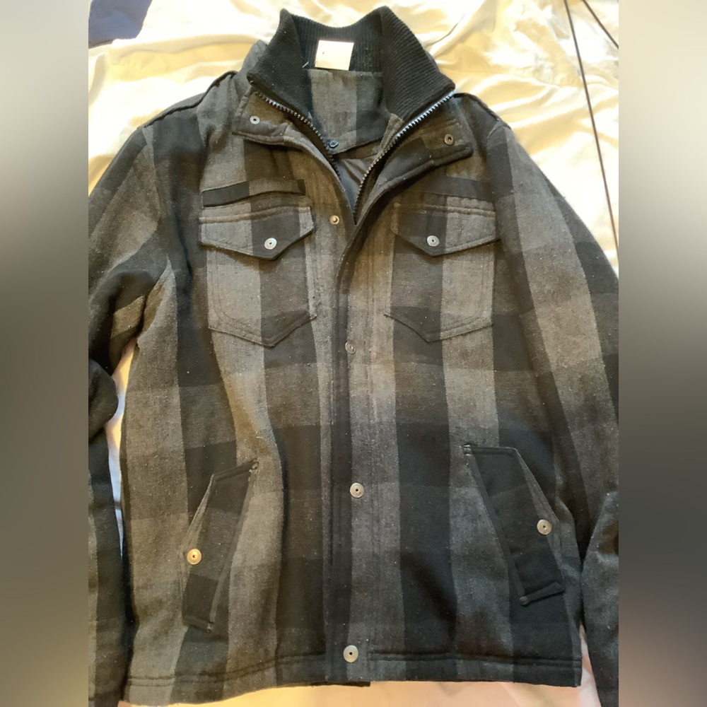 Le Chateau Men's Black and Gray Plaid Jacket